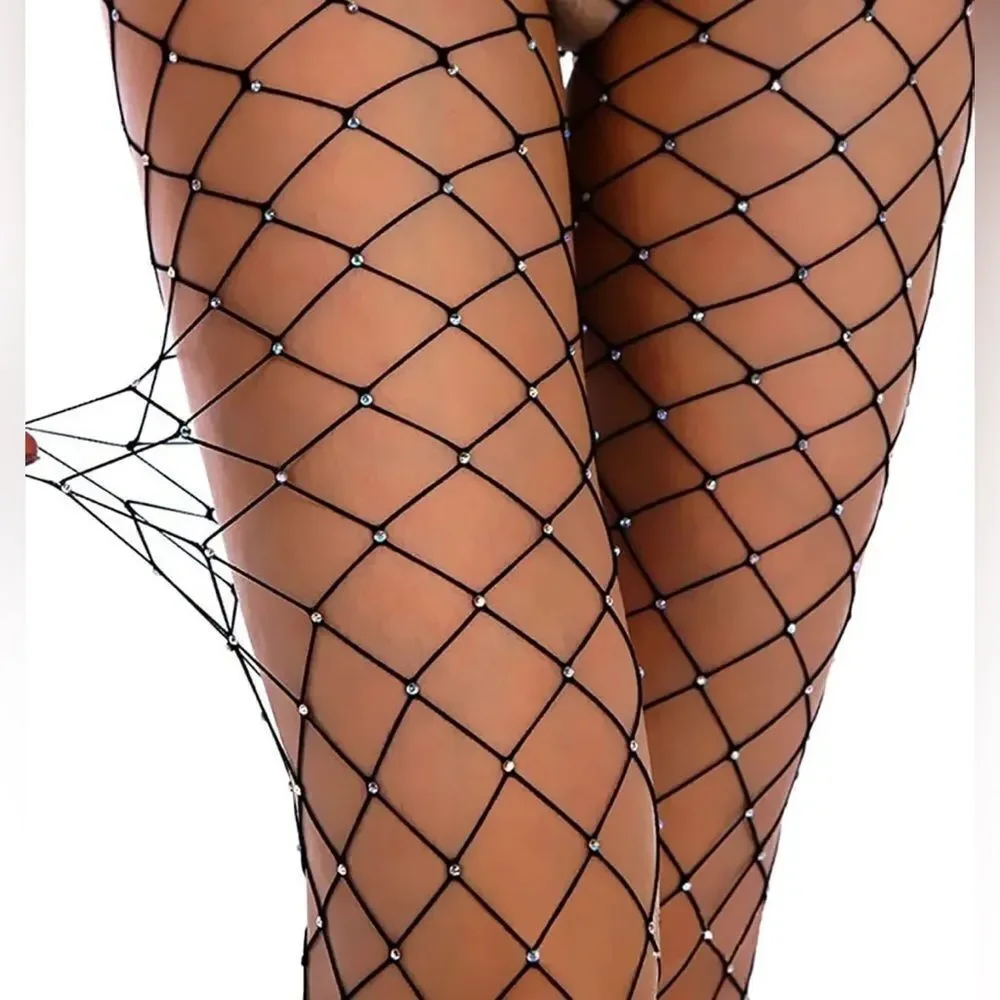 Black rhinestones wide fishnet hosiery tights stockings